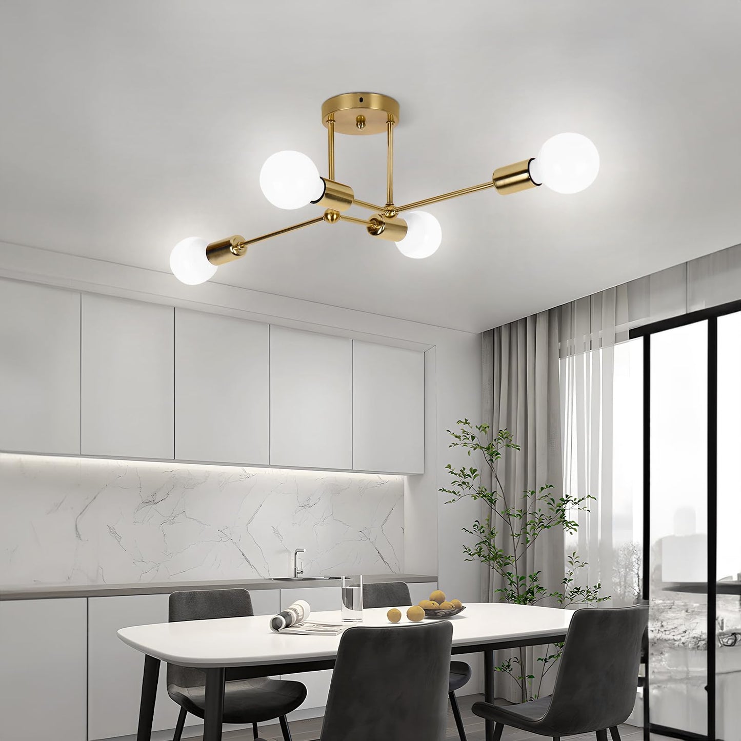 ALLOMN Sputnik Ceiling Light, Vintage Gold Sputnik Chandelier 4 Lights