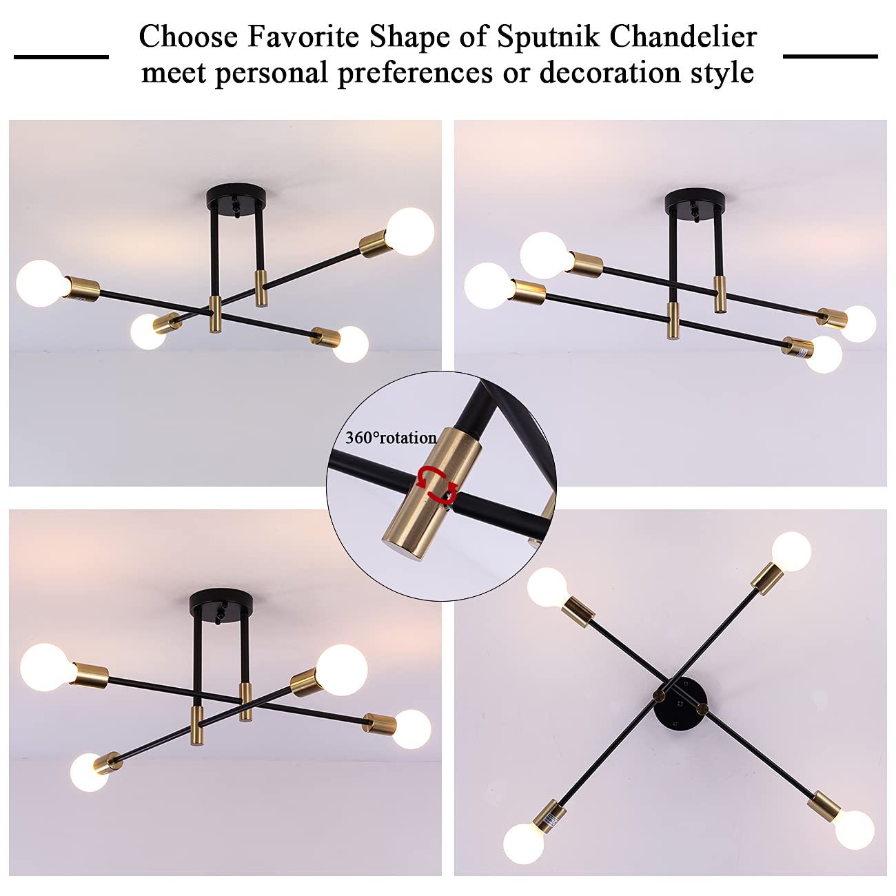 MRHYSWD Industrial Semi Flush Mount Pendant Light. Modern 4 Light Fixture Sputnik