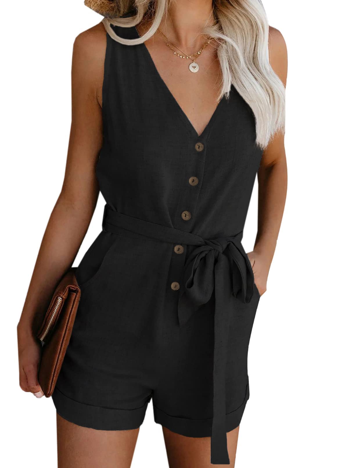 Dokotoo Womens Summer Short Jumpsuits Sleeveless Button Down