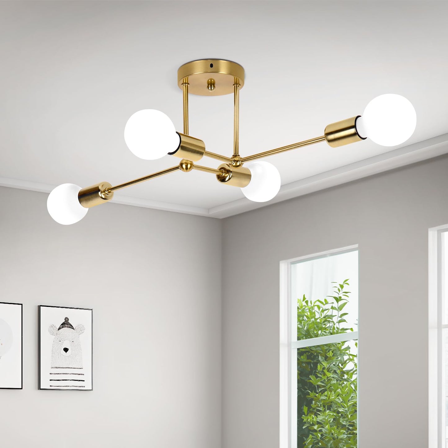 ALLOMN Sputnik Ceiling Light, Vintage Gold Sputnik Chandelier 4 Lights