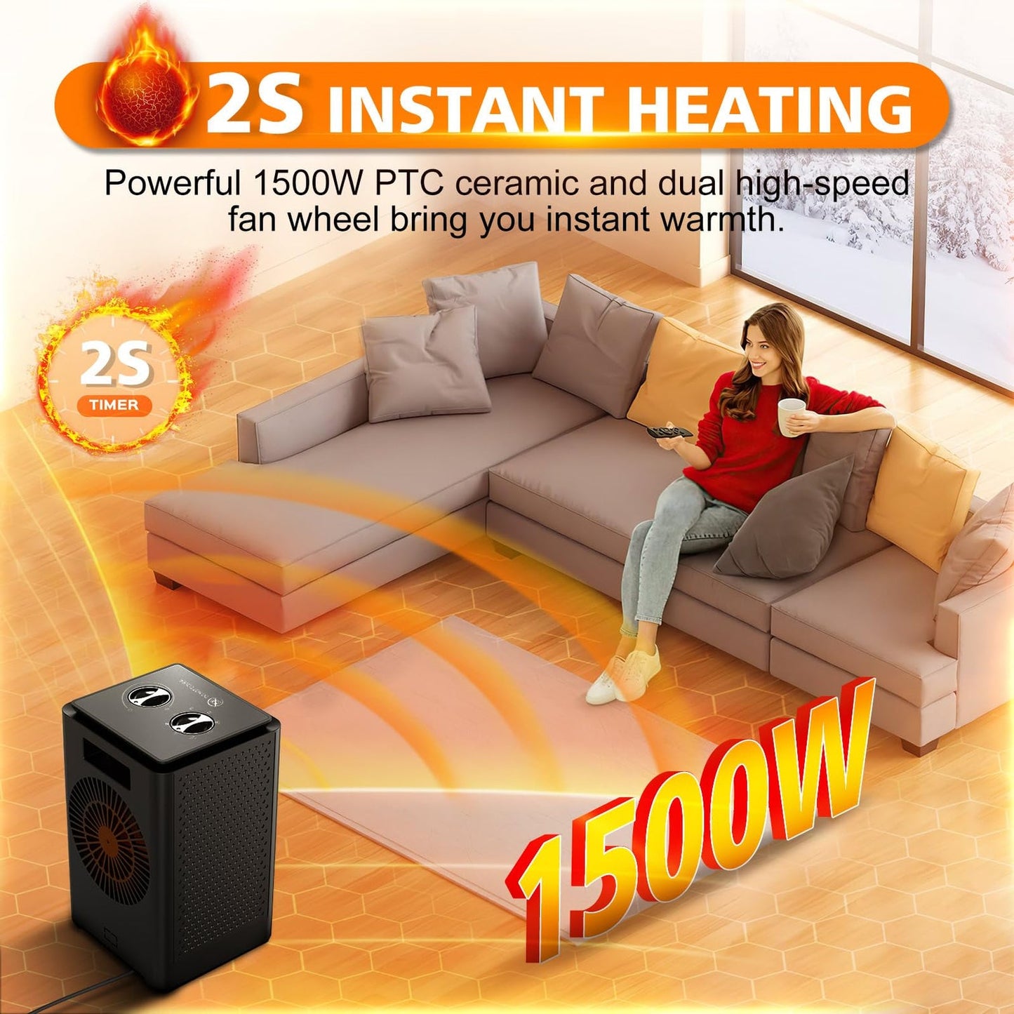 Fan Heater, Portable Space Heater, 1500W PTC
