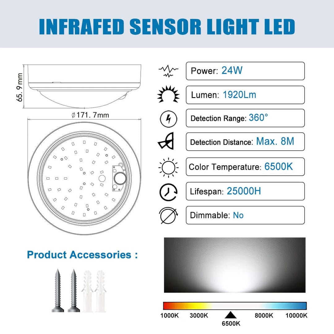 EXTRASTAR LED Ceiling Light, 24W LED Ceiling Lamp with Infrared Motion Sensor
