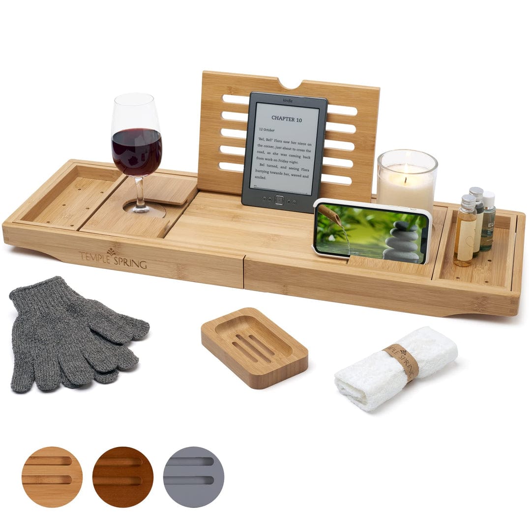 Temple Spring Bath Tray - Extendable Bath Caddy Tray for Bathtub with Candle
