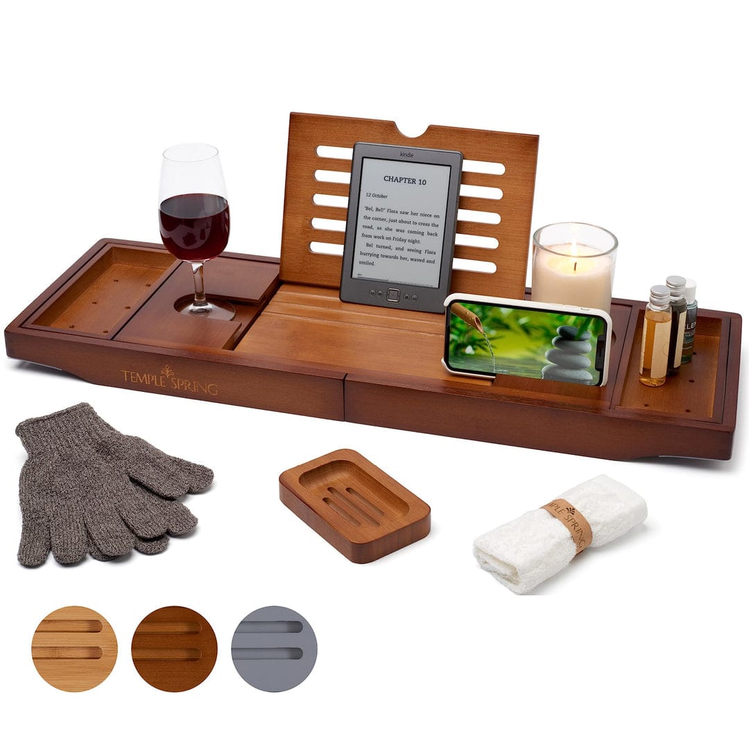Temple Spring Bath Tray - Extendable Bath Caddy Tray for Bathtub with Candle