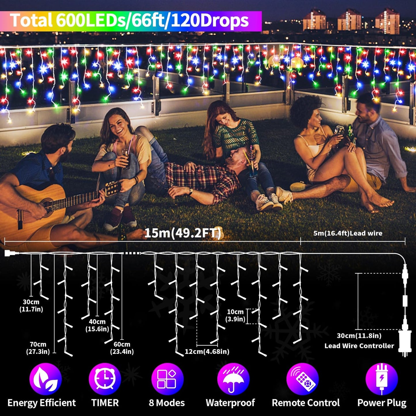 RJEDL Icicle Christmas Lights, 15 5M 66Ft 600LED