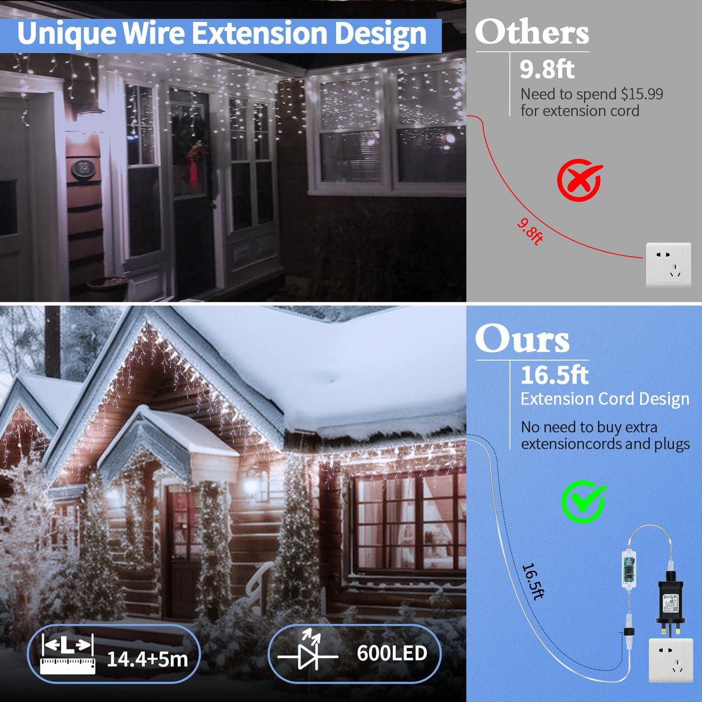 Icicle Christmas Lights, 15 5M 66Ft 600LED