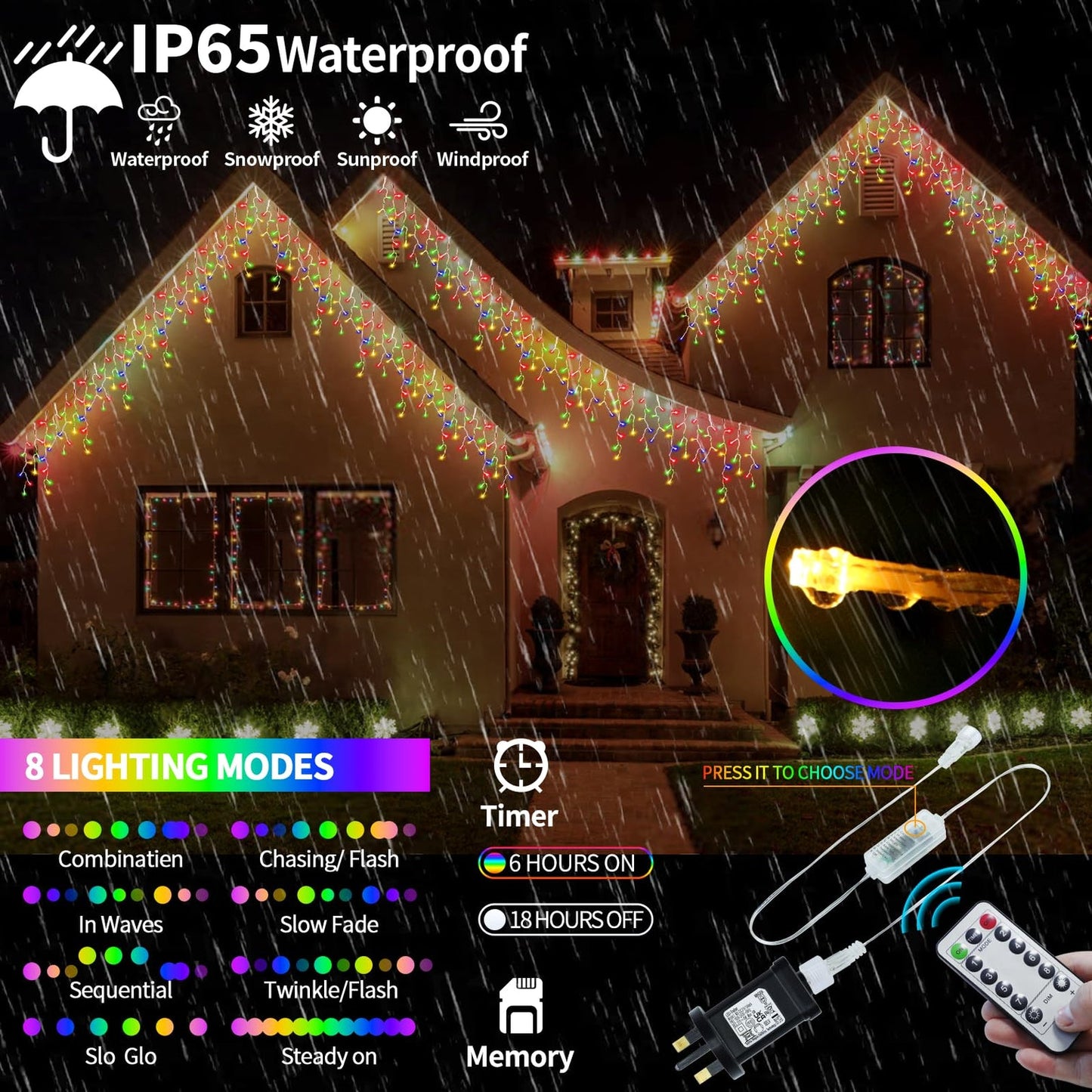 RJEDL Icicle Christmas Lights, 15 5M 66Ft 600LED