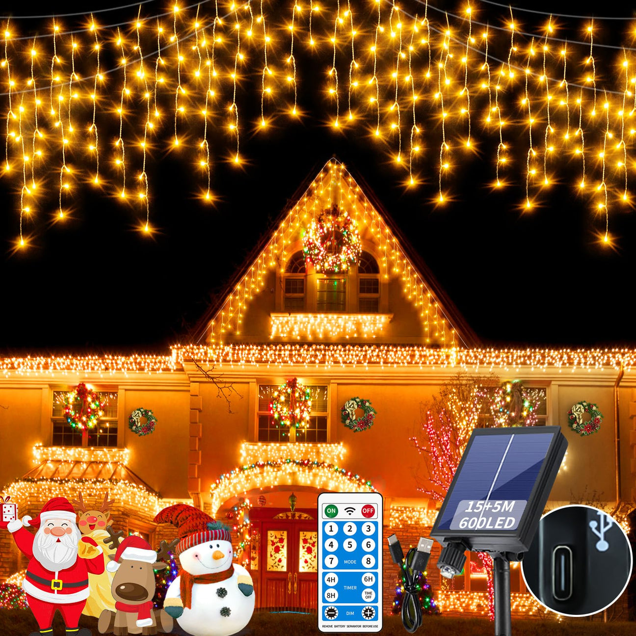 RJEDL Solar Icicle Lights, 15 5M 66Ft 600LED