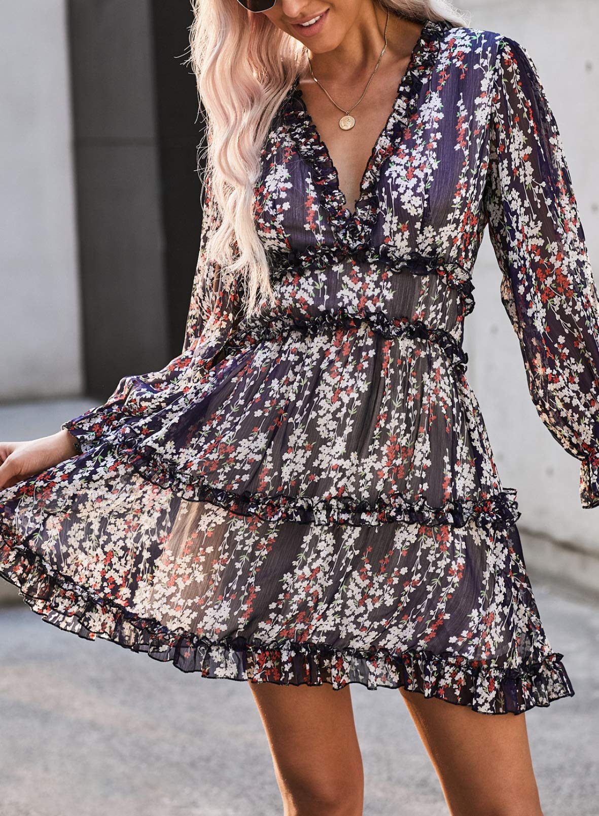 HAPPY SAILED Womens Long Sleeve Mini Dress and Ruffle Layer