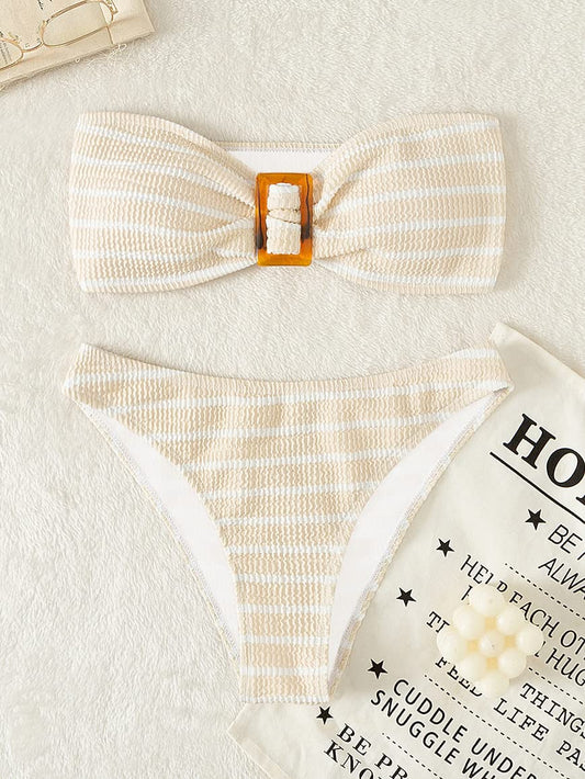 Women Striped Printed Bandeau Bikini Set