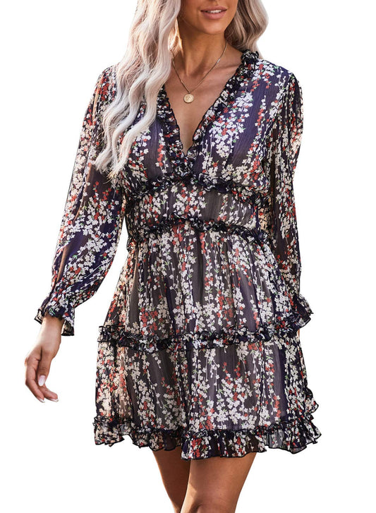 HAPPY SAILED Womens Long Sleeve Mini Dress and Ruffle Layer